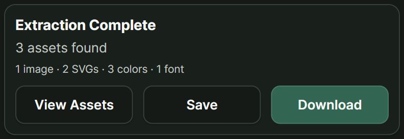 Extraction Complete with View Assets, Save and Download buttons