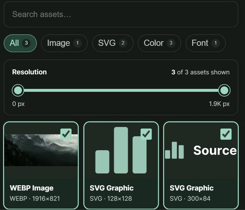 Source asset results with type filters, a resolution slider and selected image and SVG files