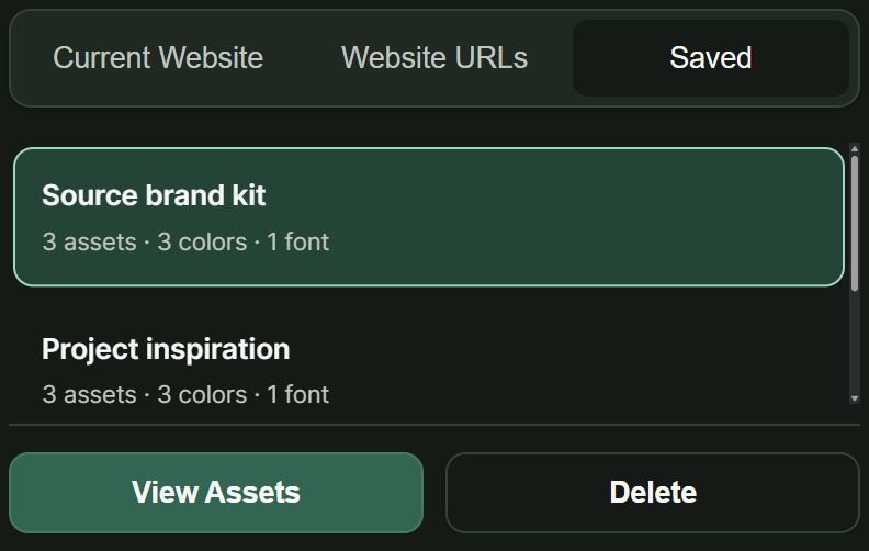 Saved scans with a selected Source brand kit and View Assets and Delete buttons