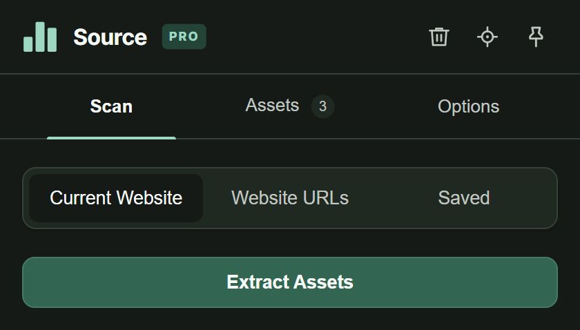 Source Scan view with Current Website selected and the Extract Assets button